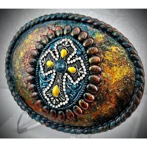 Teal & Gold Western Cross Belt Buckle – Rhinestone Cowboy Cowgirl Buckle